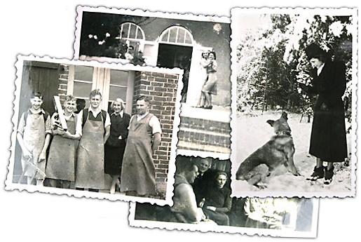 Im Uhrzeigersinn: Gertrud Rudolph (links) tanzt hinter der Villa – Gertrud und Hund Jerry – Axel Rudolph und unbekannte Freunde – Gertrud beim Tischler Schulze
